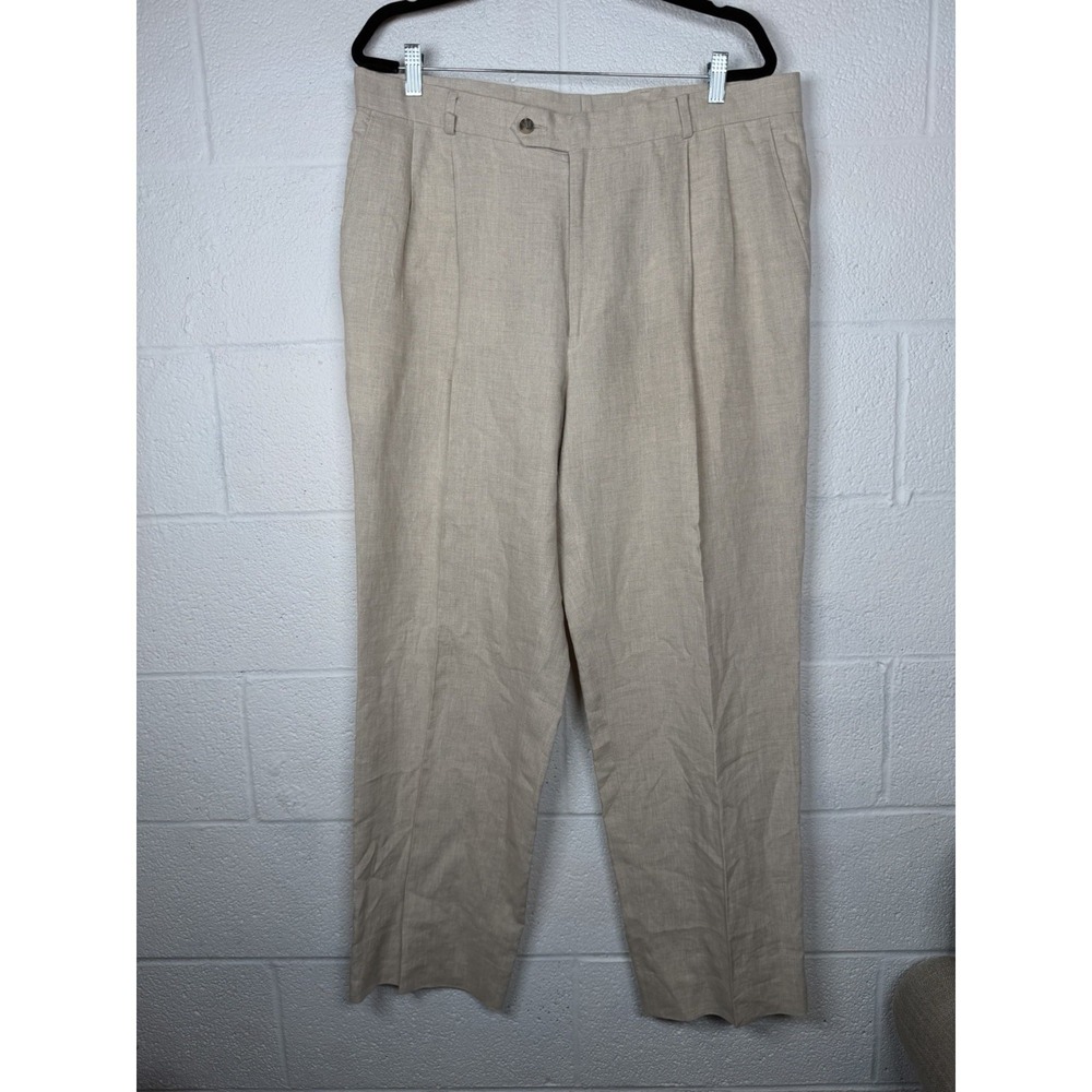 Joseph & Feiss 100% Linen Pleated Dress Pants Men's 38x30 Beige Tan Flat Front